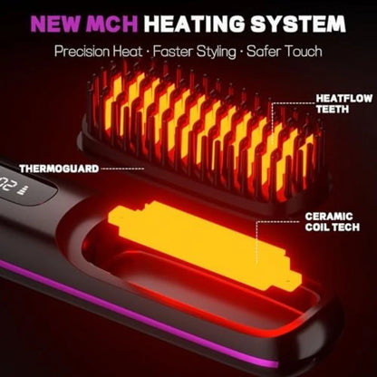 Upgrade Portable Straightener Brushs for Travel with LCD Temperature Display Fast Heating Cordless Mini Hair Brushs for Women