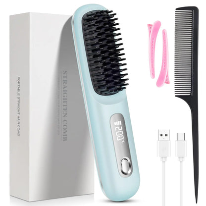 Upgrade Portable Straightener Brushs for Travel with LCD Temperature Display Fast Heating Cordless Mini Hair Brushs for Women