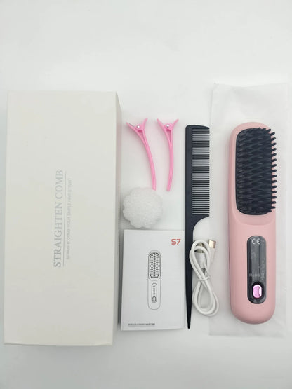 Upgrade Portable Straightener Brushs for Travel with LCD Temperature Display Fast Heating Cordless Mini Hair Brushs for Women