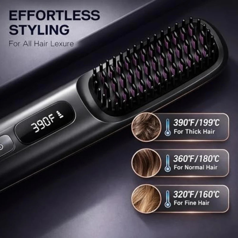 Upgrade Portable Straightener Brushs for Travel with LCD Temperature Display Fast Heating Cordless Mini Hair Brushs for Women